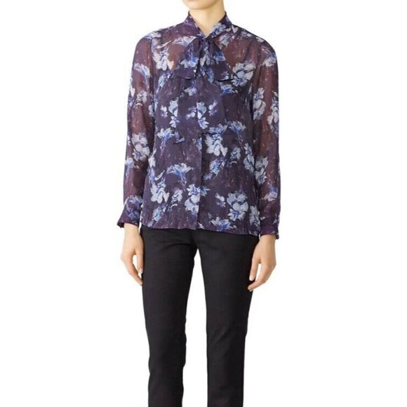 Jay Godfrey Blouse Women 0 Purple Floral Tie Neck Top Sheer Formal MSRP:$248 - Picture 1 of 13